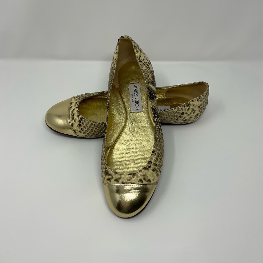 Jimmy Choo Gold Metallic Snake Print Flats - Picture 3 of 14